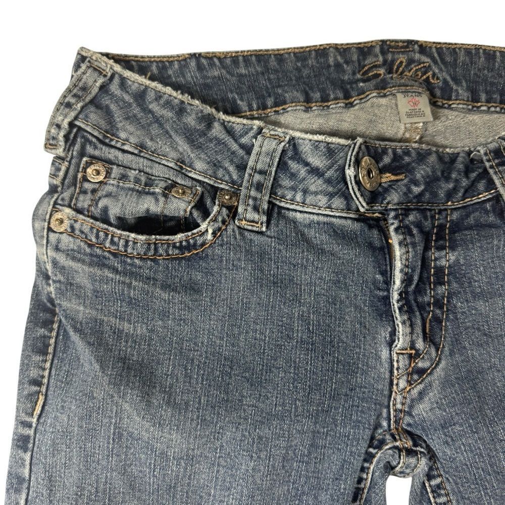 Silver Jeans Dark Wash Blue Cotton Denim Flare Leg Jeans Distressed size 31/33 - Picture 12 of 14